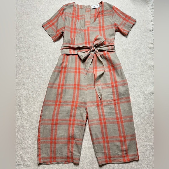 Rujuta Sheth Cotton Beige Orange Plaid Wrap Jumpsuit M - Picture 9 of 9